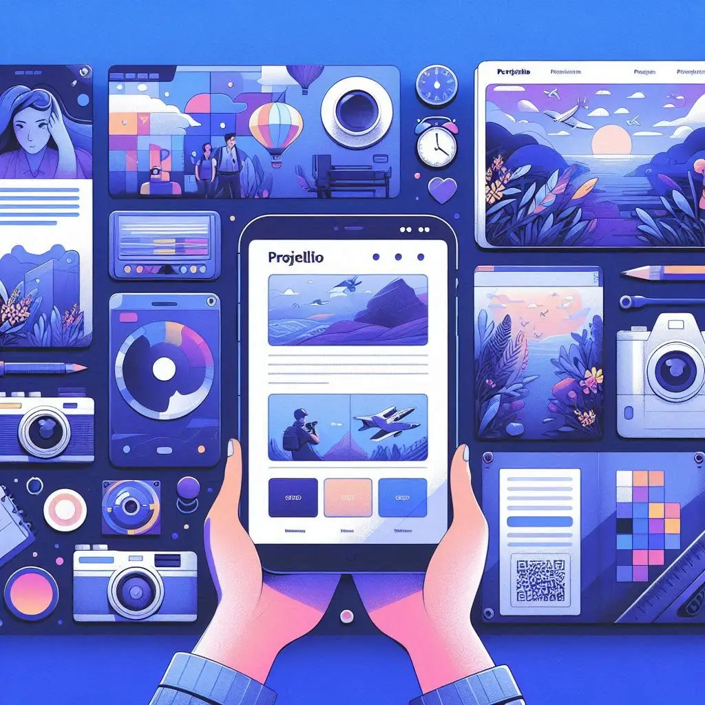 Ein moderner und professioneller Abschnitt über Web-Entwicklungsprojekte, dargestellt in Blau, Violett, Weiß und Schwarz, mit einem Laptop und verschiedenen Icons. Frontend Webentwicklung Projekte