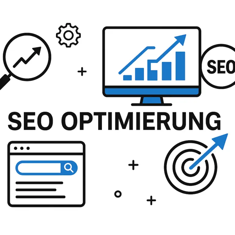 Illustration von SEO-Optimierung mit Symbolen für Wachstum und Website-Analyse in Blau-Schwarz-Weiß.