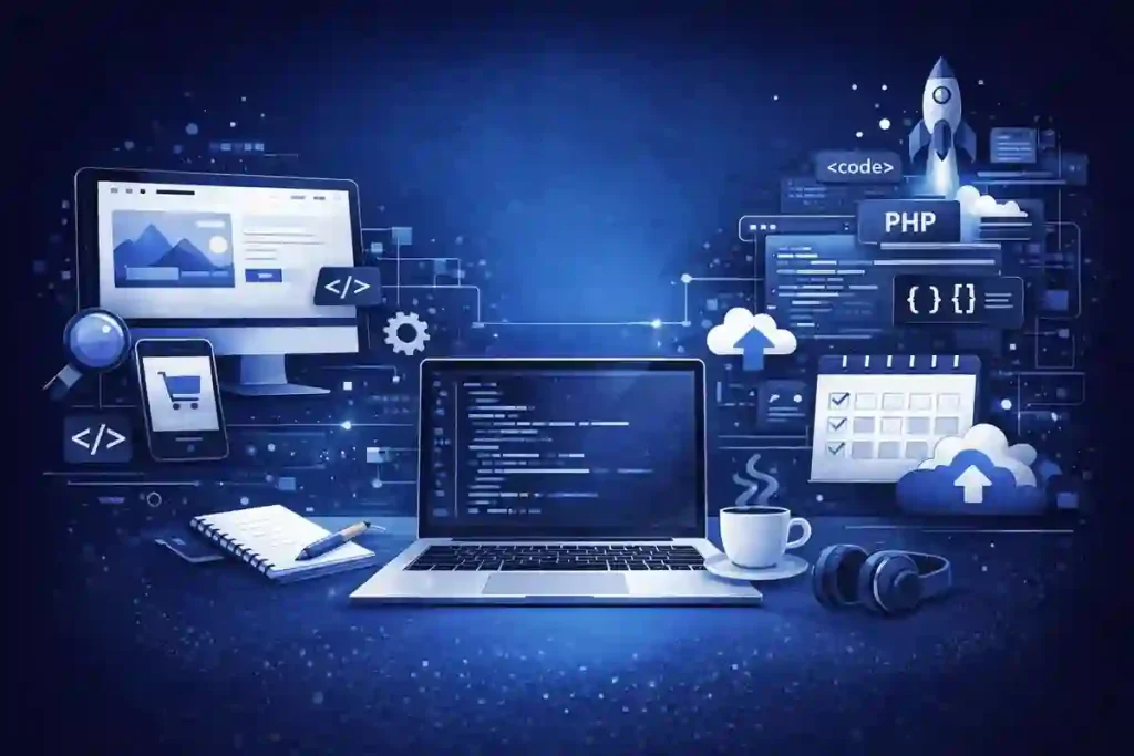 Illustration mit Laptop, Monitor und Code‑Elementen in Blau‑Schwarz‑Weiß, symbolisiert Webentwicklung, Projektmanagement und digitale Kreativität.